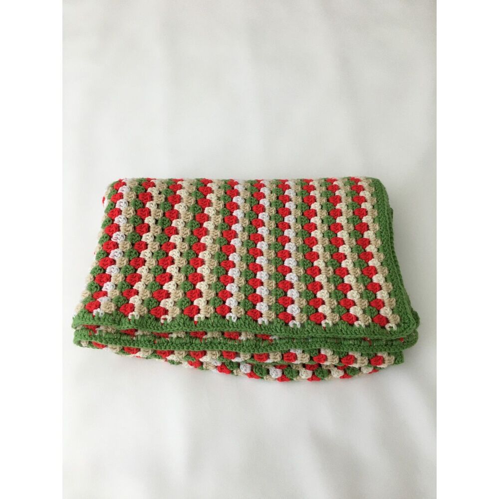 Handmade Crochet Christmas Afghan Blanket Red Green Cream Long Throw 41"x 100"